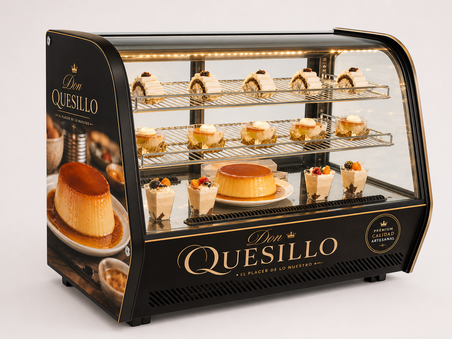 Vitrina exhibidora Don Quesillo con quesillos y postres, marca premium